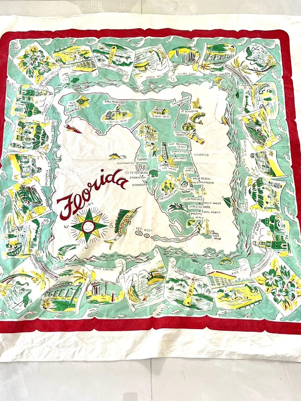 Vintage 1950's MCM Florida Souvenir Map Cotton Tablecloth